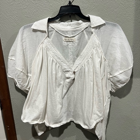 We The Free Tops - Free People White Gauze V-Neck Puff Sleeve Top Collard Flowy Cotton Size S EUC